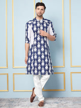 Men Blue and White Printed Kurta With pyjama