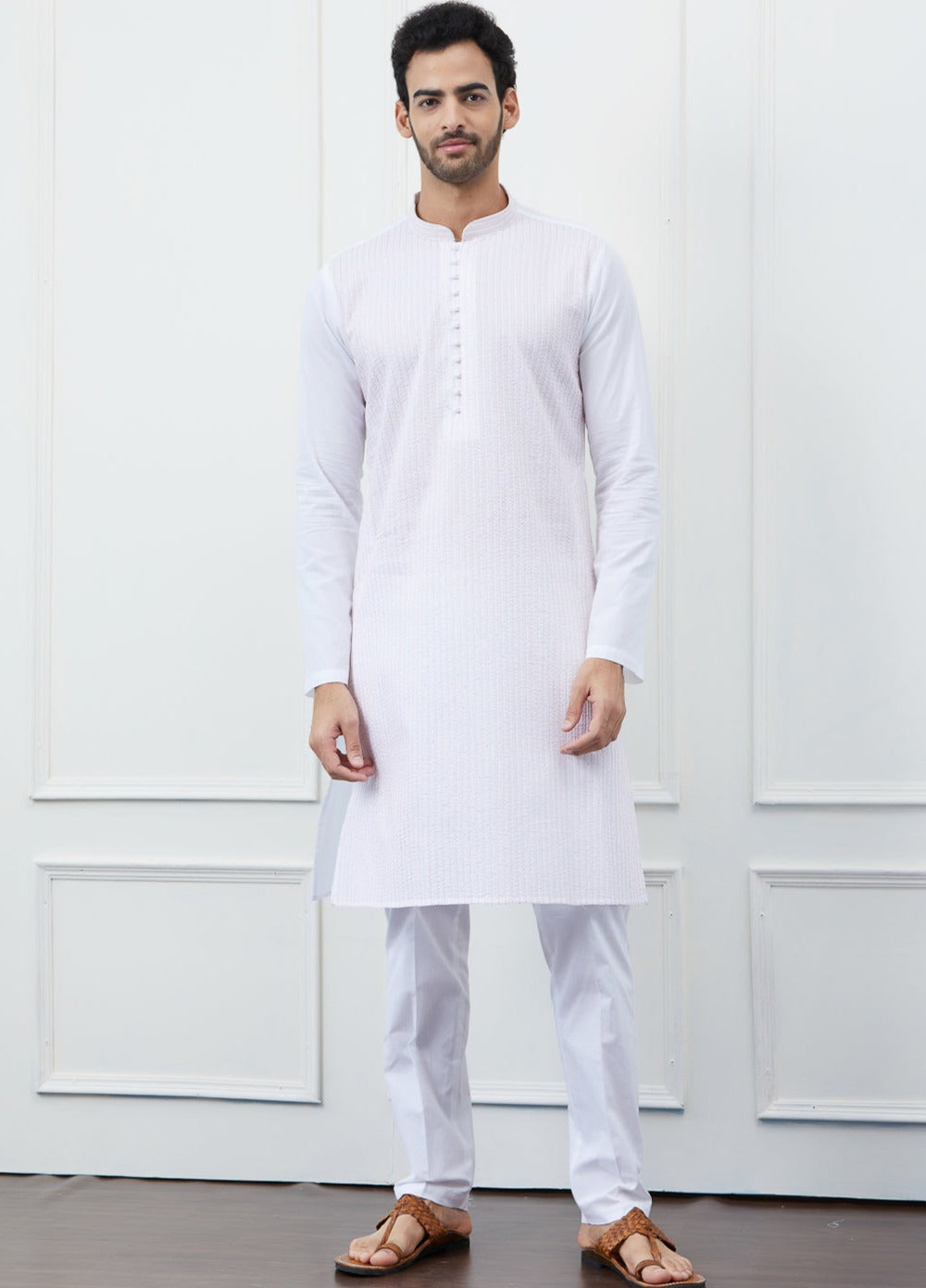 Men White Cotton Kurta With Pink Thread Work