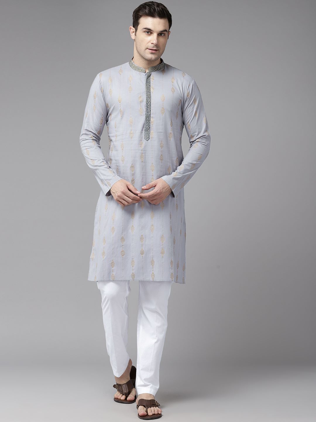 Men Grey & Gold Pure Cotton Embroidered Straight Kurta With Pajama