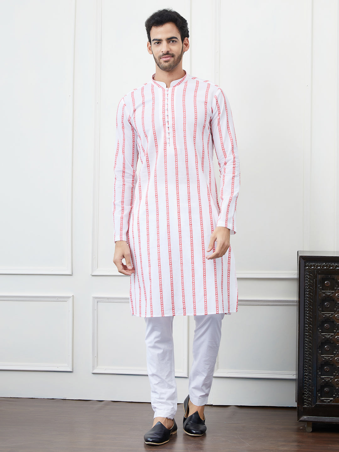 Men White And Orange Chikankari Embroidered Cotton Kurta