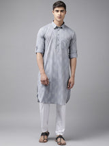 Men Light Grey Regular Pure Cotton Pathani Printed Men's Kurta