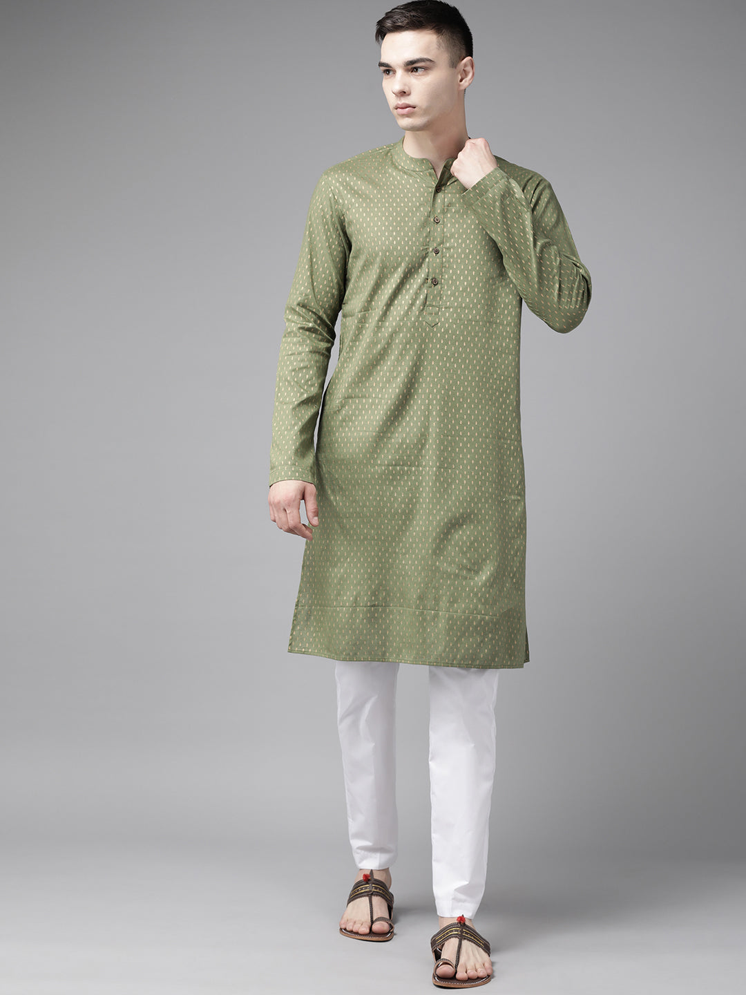 Riwaat.com Men Green & Gold Stripe Printed Straight Kurta With Pajama Riwaat Bundi Mehendi Printed