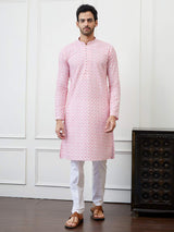 Men White and Pink Leaf Pattern Chikankari Embroidered Cotton Kurta Set