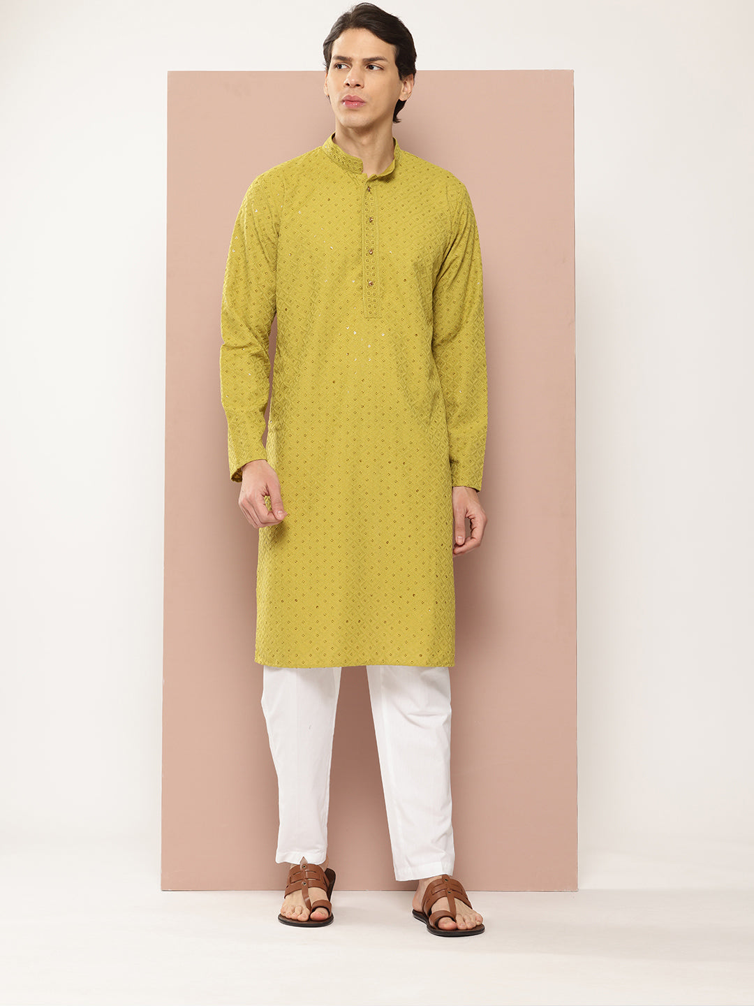 Men Lime Green Embroidered Sequin Rayon Kurta