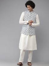 Riwaat.com Men White Solid Kurta Pajama With Silver Floret Nehru jacket Riwaat Indo Western