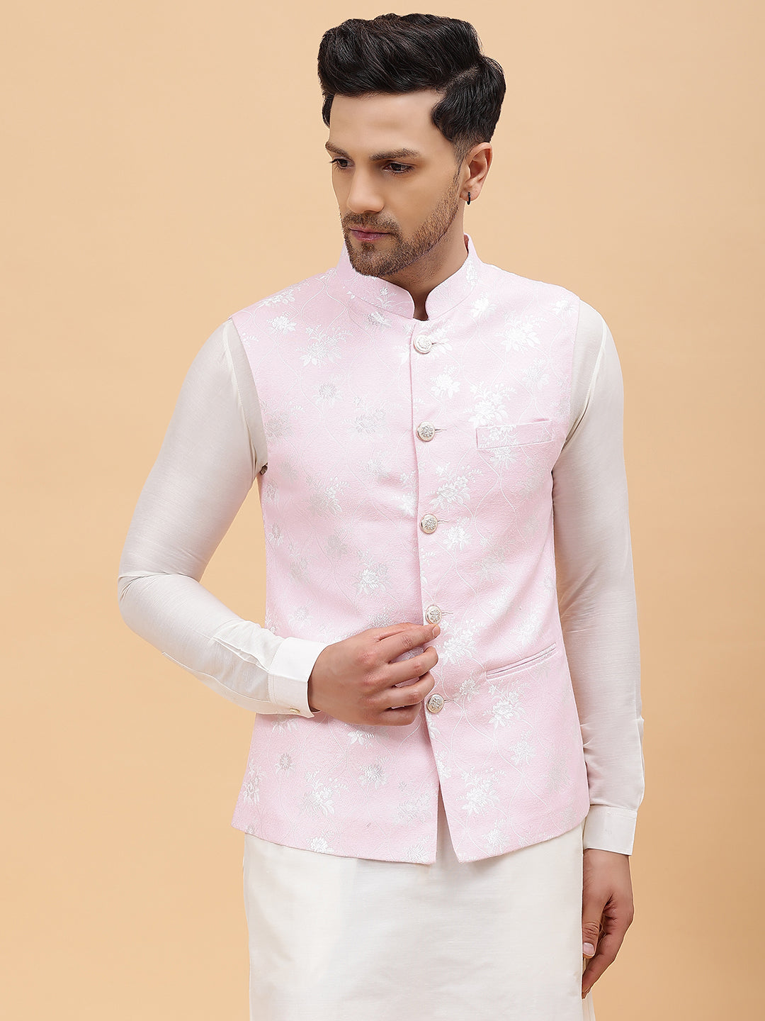 Men Off White Kurta Pajama & Pink with Gold Woven Design Jacquard Nehru jacket