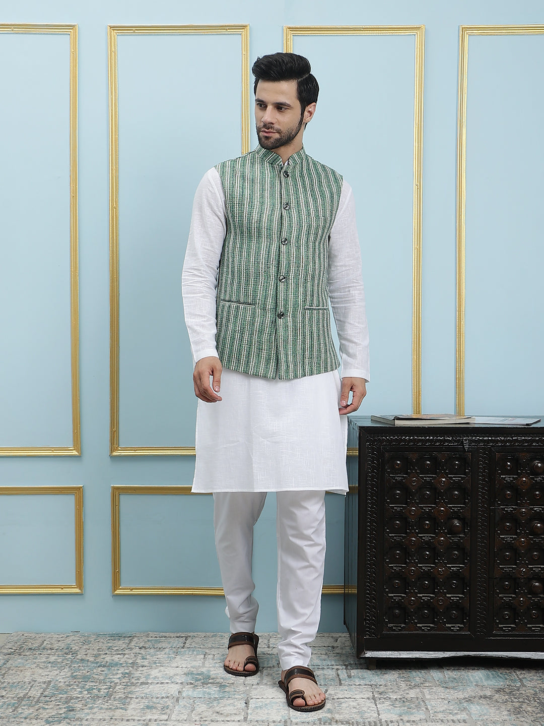 Men Emerald Color Khadi Nehru Jacket