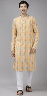 Men Yellow Self Printed Pure Cotton Straight Kurta