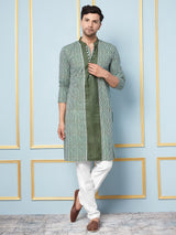 Men Green and White Strip Printed Kurta With pyjama