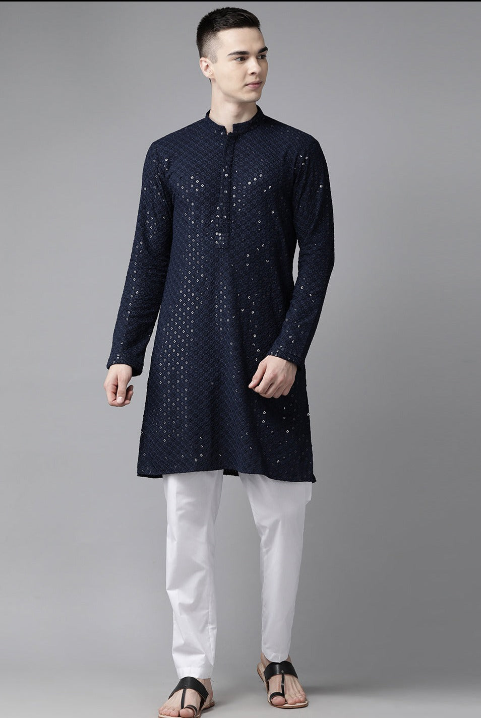 Men Navy Blue Floral Embroidered Sequined Rayon Kurta