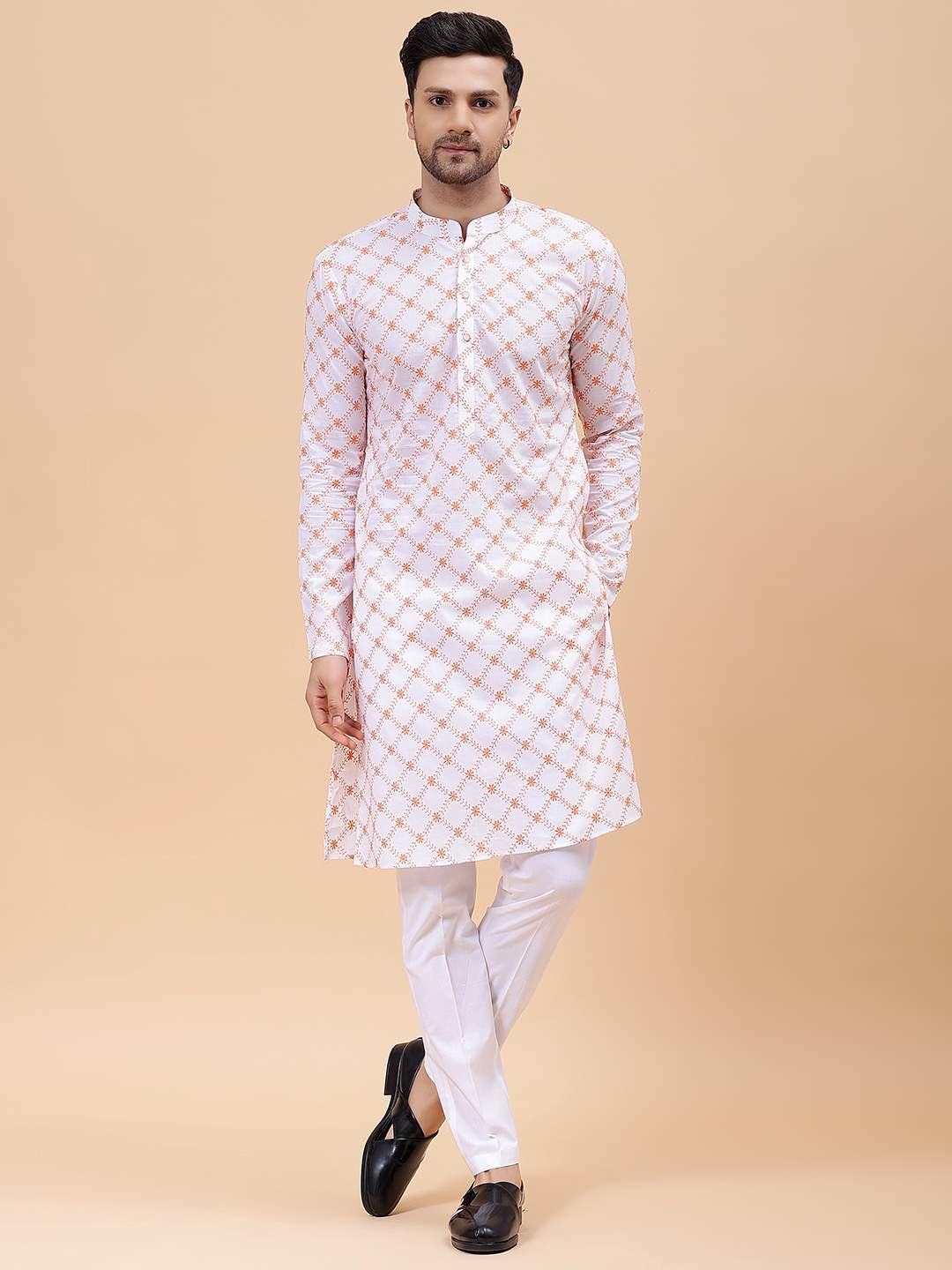 Men White & Orange Pure Cotton Embroidered Straight Kurta