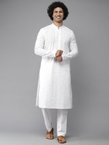 Men Crisp White with Leafy Embroidery Chikankari Straight Kurta With Pajama