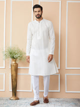 Off White Embroidered Thread Work Sequinsed Chanderi Silk Straight Kurta with Pyjama
