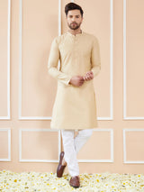 Men Golden Beige Cotton Solid Straight Kurta With Pajama