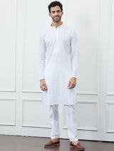 Men White Cotton Thread Work & Sequince Kurta