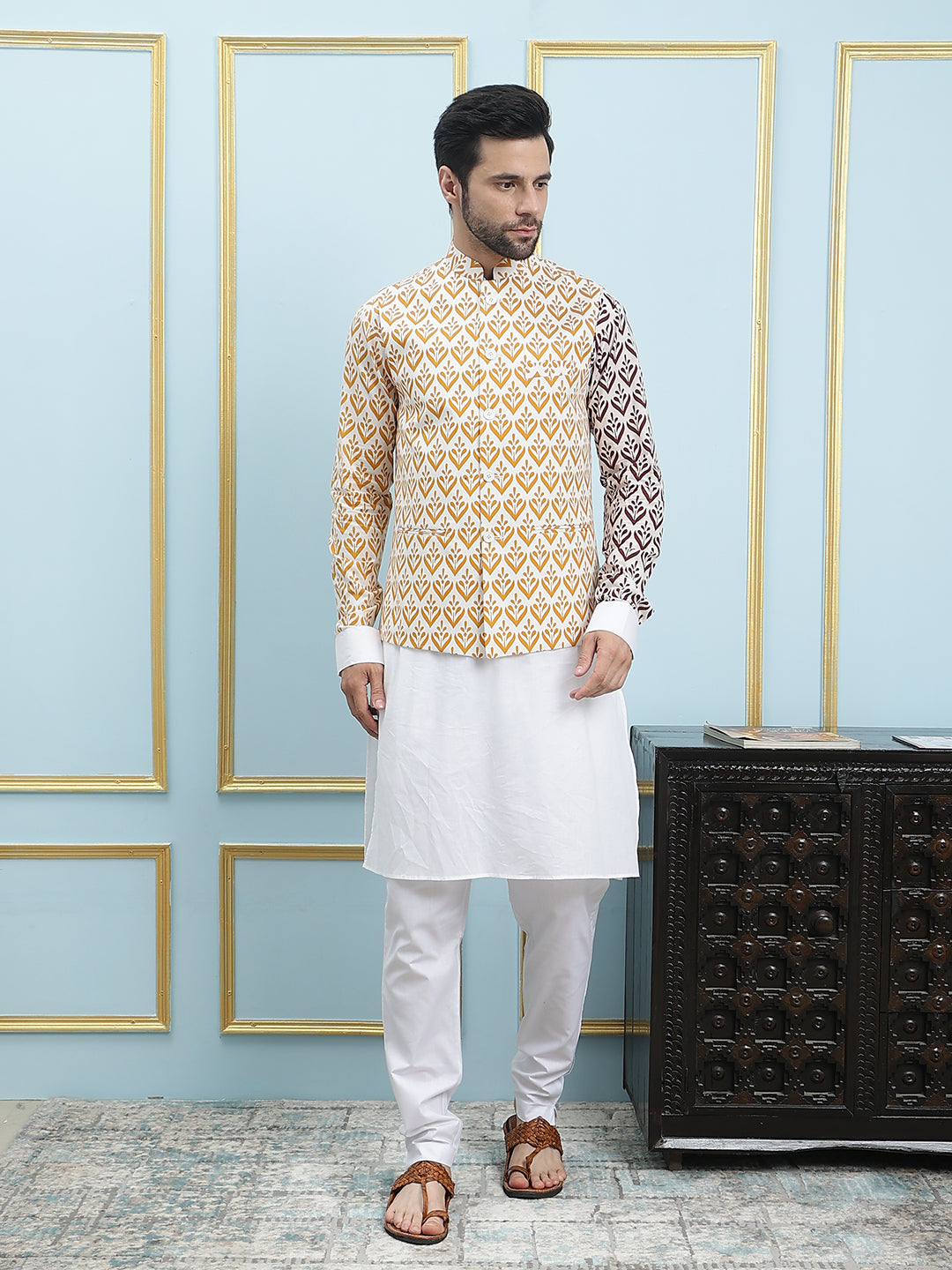 Men Off White And Yellow Color Printed Cotton Nehru Jacket