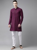 Men Megenta Embroidered Sequin Rayon Kurta