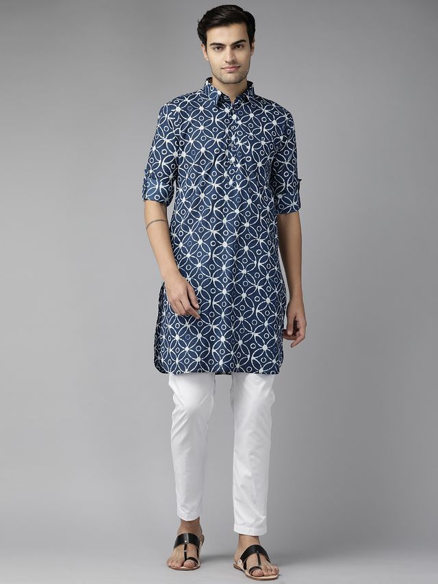 Men Blue Regular Pure Cotton Pathani Printed Men's Kurta
