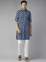 Men Blue Regular Pure Cotton Pathani Printed Men's Kurta