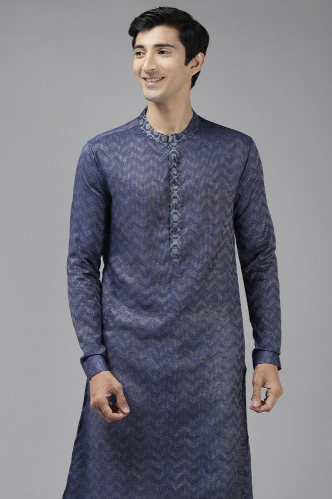 Men Purple & Beige Wave Woven Design Thread Work Kurta