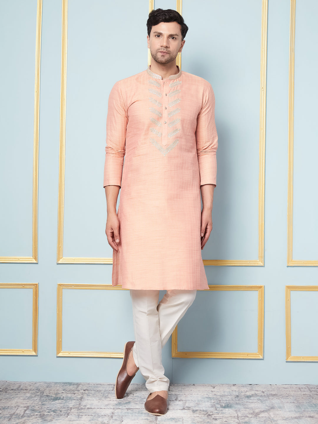 Riwaat.com Men Peach Embroidery Cotton Kurta Riwaat Embroidered