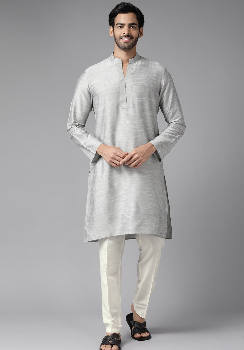 Men Grey Cotton Silk Straight Kurta