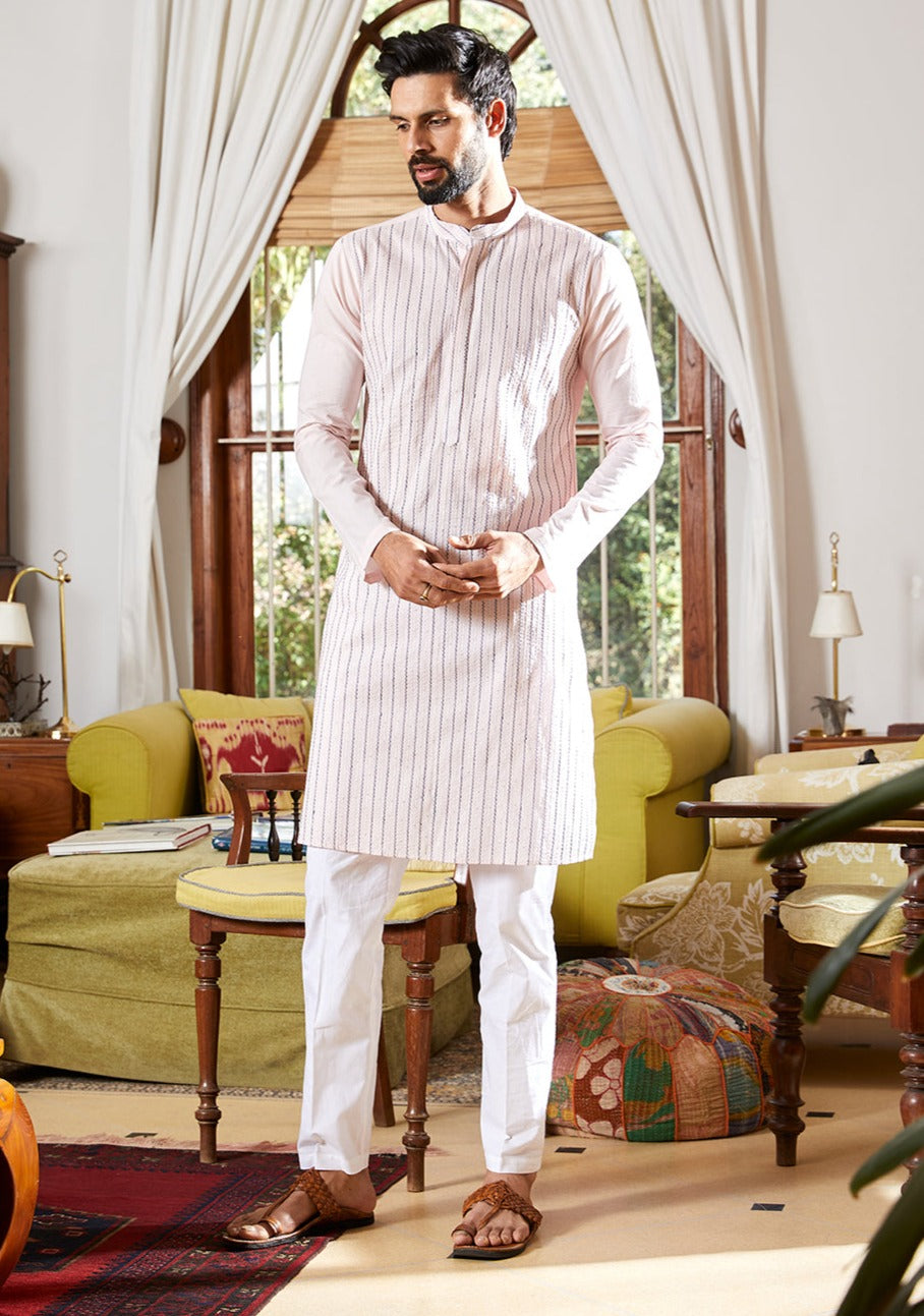 Men Blush Pink with Navy Stripes Cotton Pintex Design Sequins Kurta