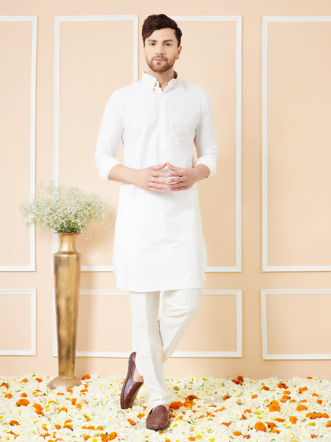 Men Off White Cotton Solid Pathani Kurta with Pyjama