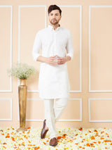 Men Off White Cotton Solid Pathani Kurta with Pyjama