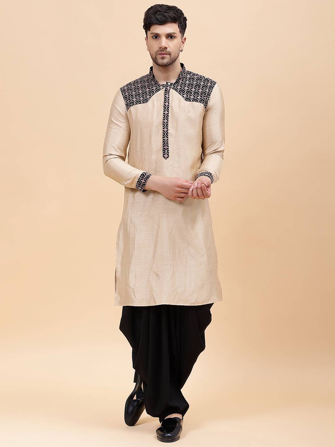 Men Gold & Black Silk Woven Design Straight Kurta