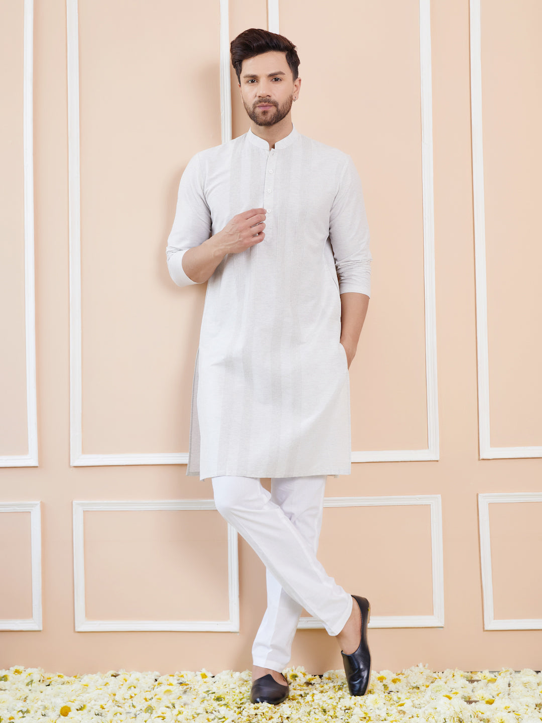 Men Off White Cotton Silk Pintex Design Thread Work Kurta With Pyjama