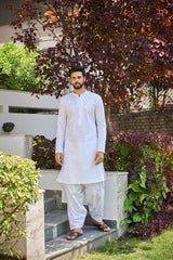 Men White Chikankari Embroidered Straight Kurta With White Salwar