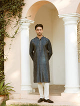 Men Deep Navy Blue with Golden Stripes Chanderi Silk Sequins Kurta With Pajama