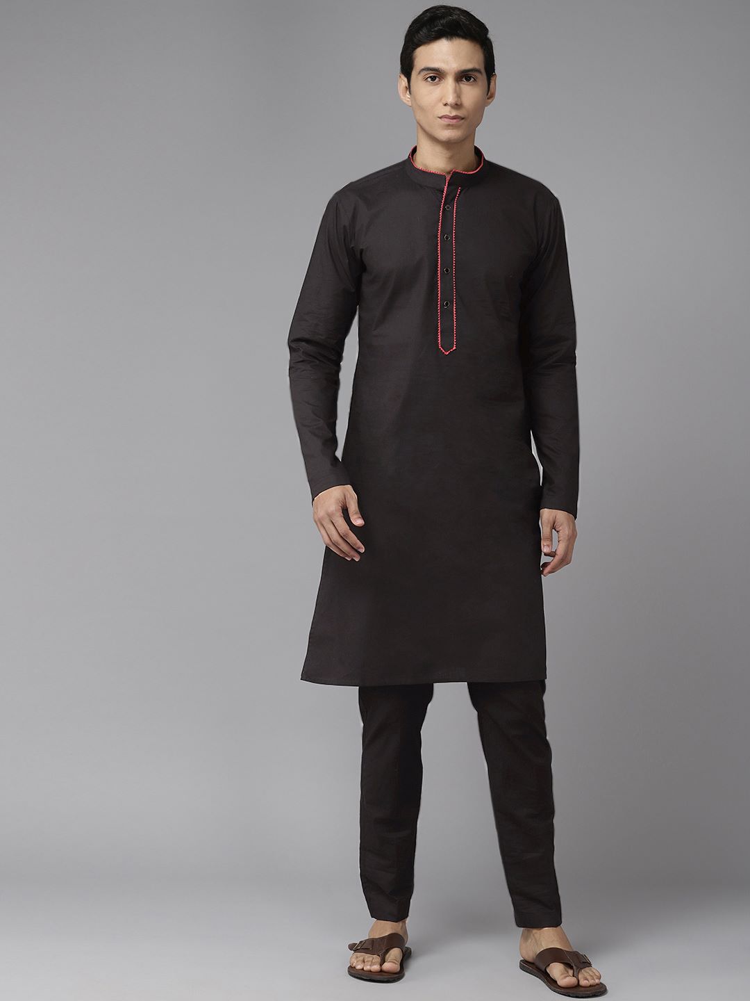 Men Black & Red Pure Cotton Embroidered Straight Kurta With Pajama