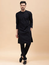 Men Black Pure Cotton Embroidered Straight Kurta