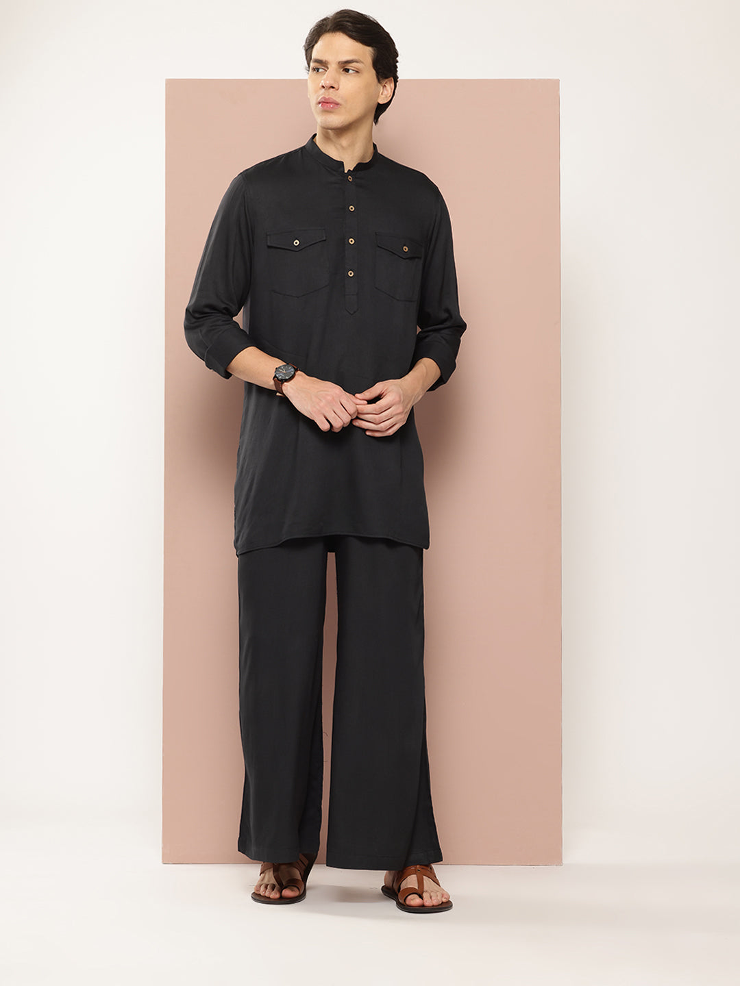 Men Black Rayon Solid Pathani Sets
