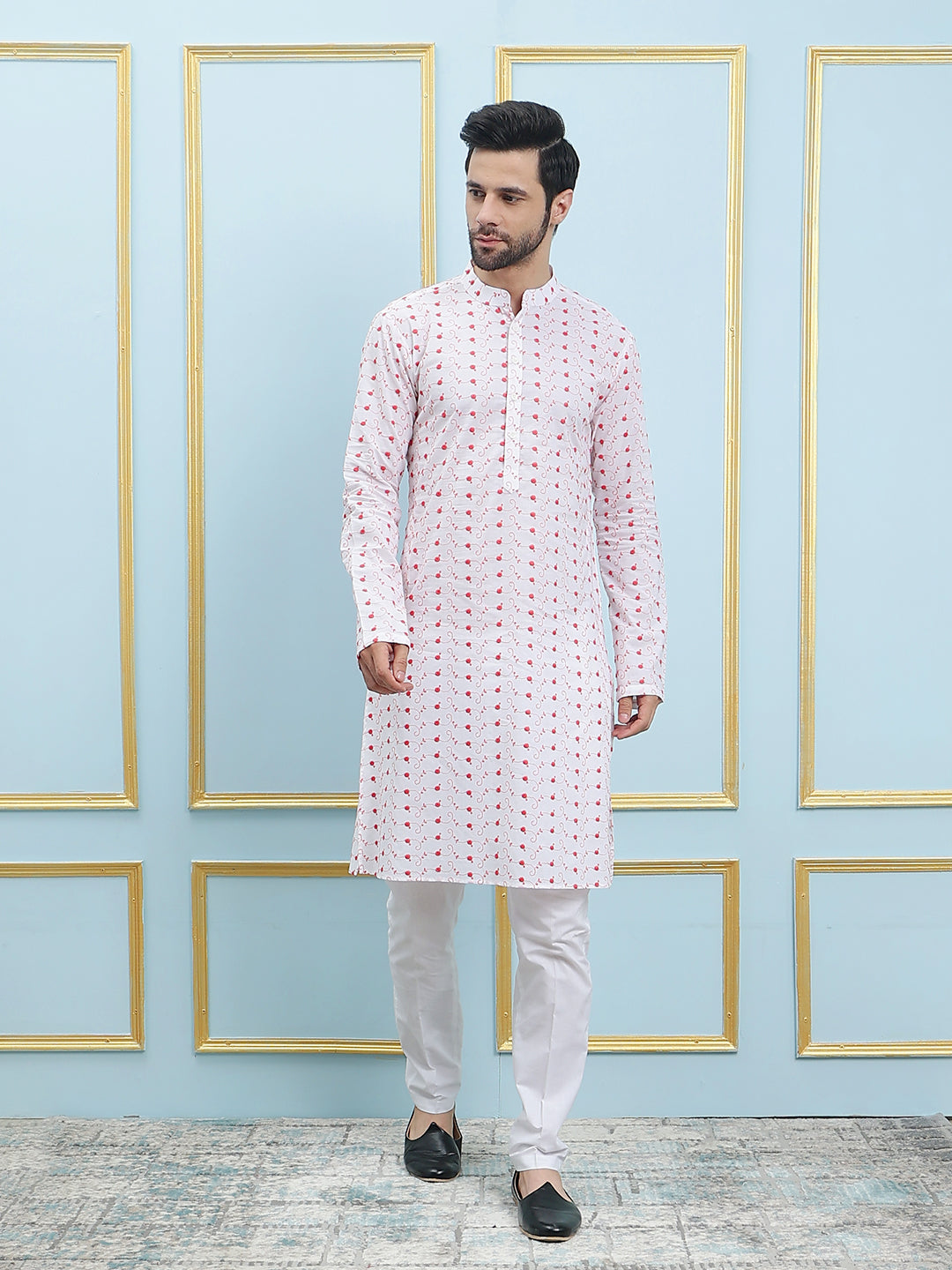 Riwaat.com Men White & Red Chikankari Embroidery Cotton Kurta Riwaat Chikankari Cotton Embroidered