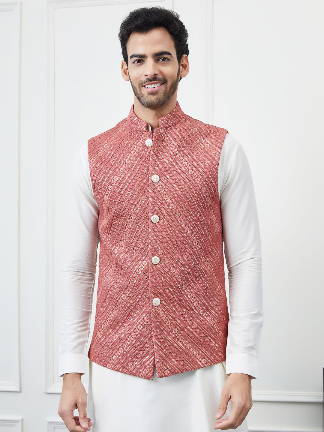 Men Burgundy Color Woven Design Embroidery Cotton Nehru Jacket