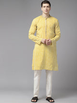 Men Gold & White Pure Cotton Embroidered Straight Kurta With Pajama