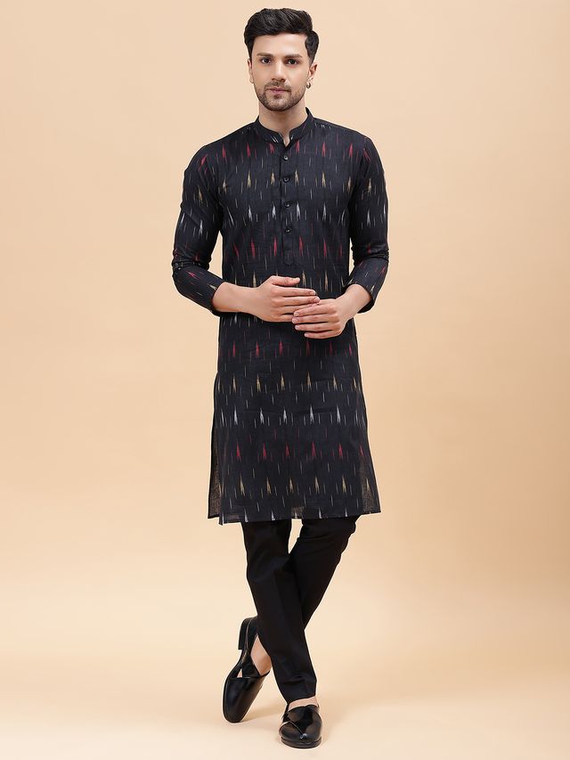 Men Black & Red, Yellow,White Pure Cotton Printed Straight Kurta With pyjama