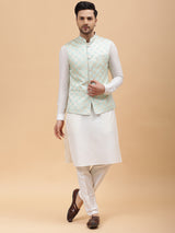 Men Off White Kurta Pajama & Gold Turquoise Blue Woven Design Jacquard Nehru jacket