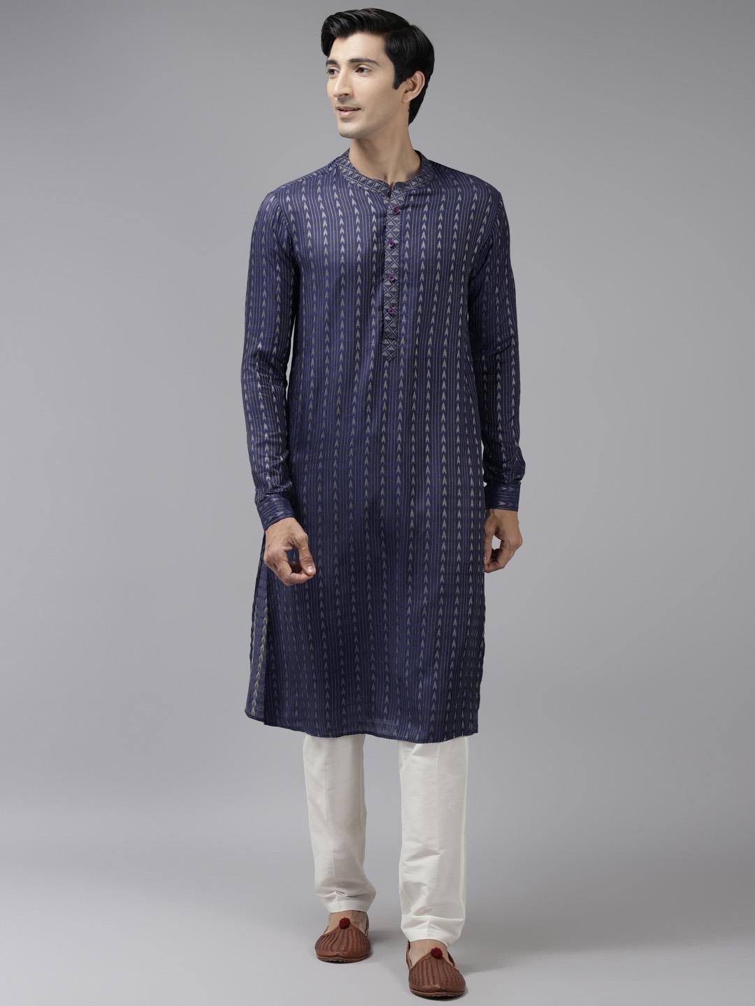 Men Blue & Beige Woven Design Thread Work Kurta