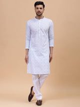 Men White & Grey Pure Cotton Embroidered Straight Kurta