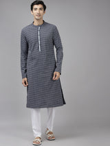 Men White & Indigo Printed Thread Work Kurta With Pajama