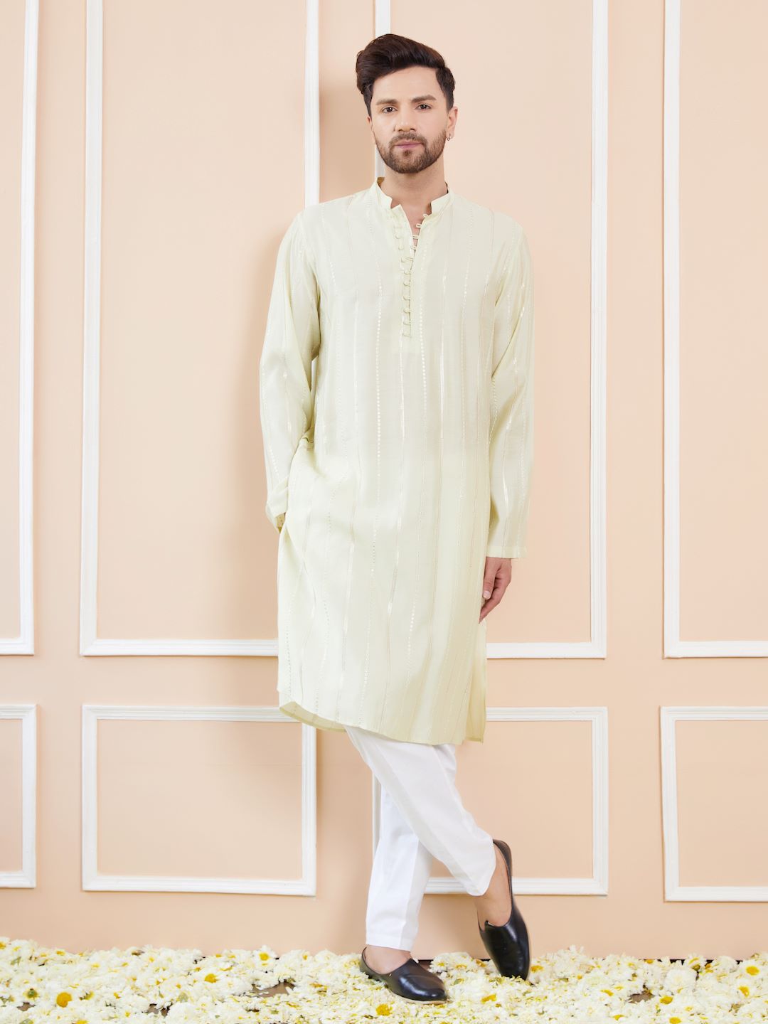 Men Cream with Subtle Gold Shimmer Chanderi Silk Sequins Kurta With Pajama