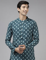 Men Teal Blue & Off White Printed Straight Kurta