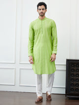 Men Green Sequinses Cotton Kurta Set