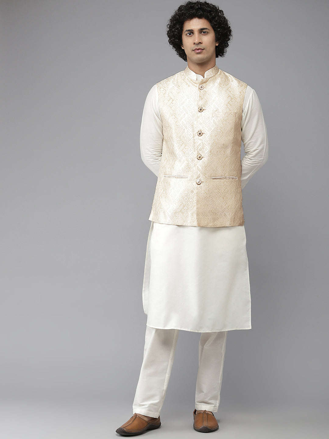 Riwaat.com Men White Solid Kurta Pajama With Champagne Delicacy Nehru jacket Riwaat Indo Western