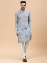 Men Off White & Grey Pure Cotton Embroidered Straight Kurta With pyjama