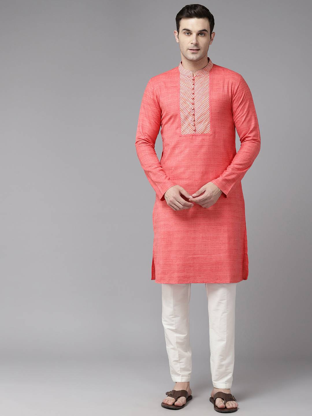 Men Coral Red with Striped Accents Silk Woven Design Straight Kurta With Pajama